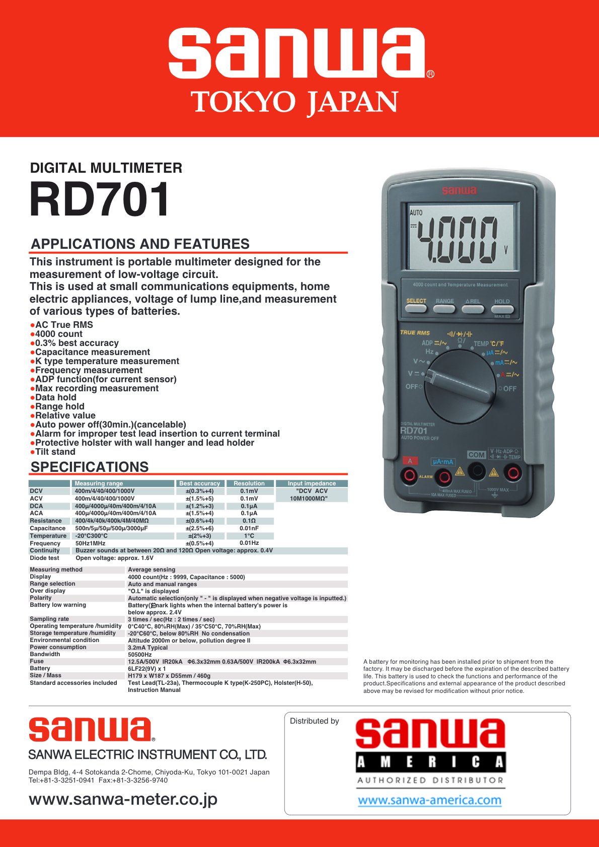 Sanwa RD701 | Digital Multimeter with True RMS + High Input